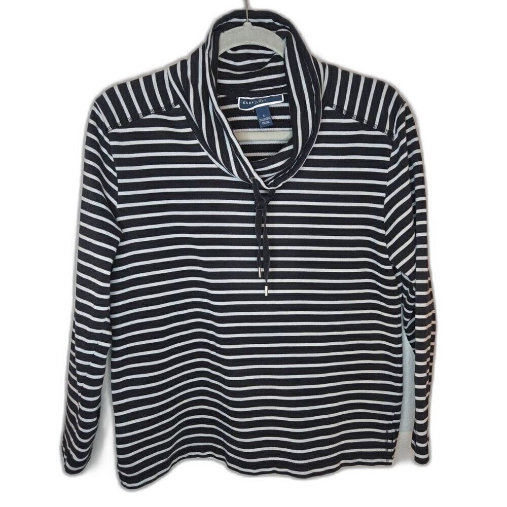Karen Scott Women's Black and Gray Striped Funnel-Neck Top Size Small